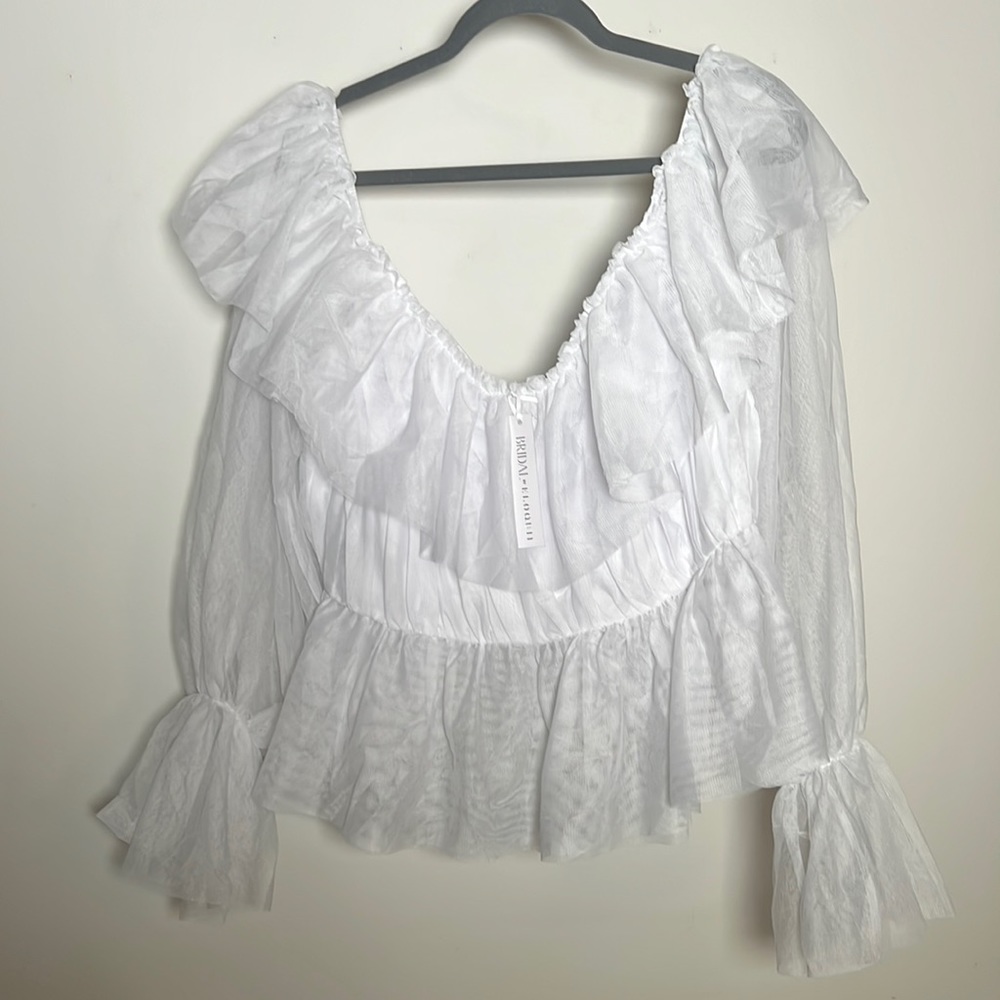 Eloquii White Ruffled Peasant Blouse